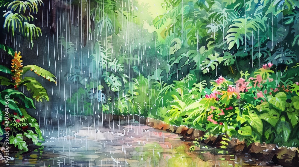 Watercolor scene of a gentle rain falling on a lush garden, the sound and sight imagined to relax patients during their dental visit