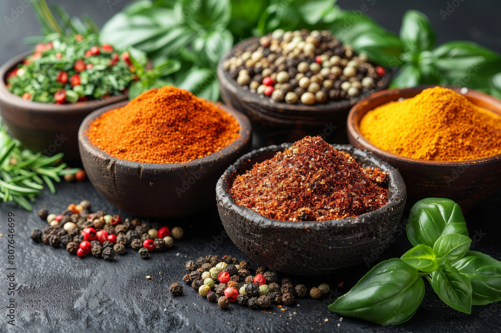 Assorted fresh herbs and spices on a dark, contrasting backdrop, highlighting their vibrant colors.. AI generated. Assorted fresh herbs and spices on a dark, contrasting backdrop, highlighting their vibrant colors.. AI generated.