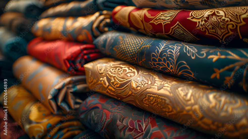 A photo of high-fashion textiles, with luxurious fabrics as the background, during a haute couture interior design exhibition A photo of high-fashion textiles, with luxurious fabrics as the background, during a haute couture interior design exhibition