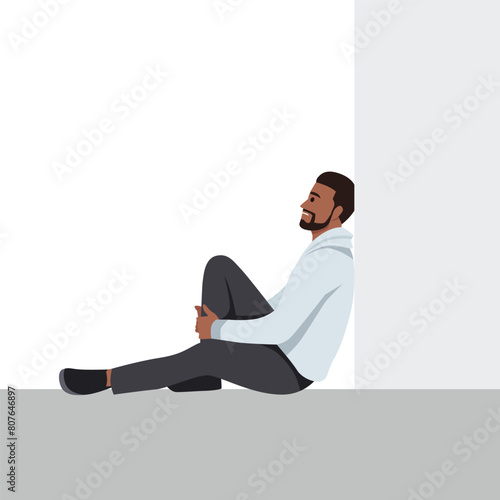 Young depressed black man character sitting on the floor and think about his future. Flat vector illustration isolated on white background