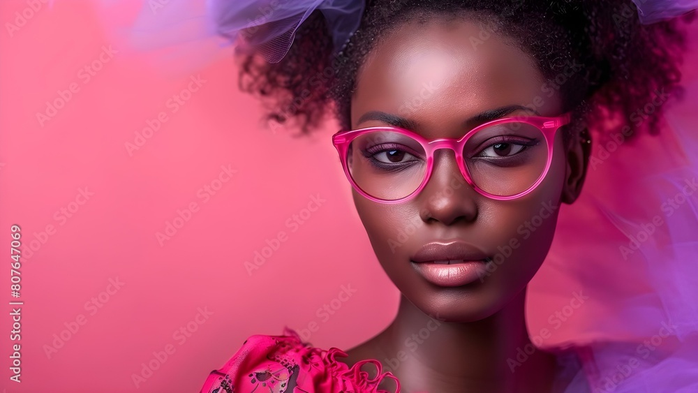 Fototapeta premium Stylish young African woman in pink glasses and clothes isolated in studio. Concept Fashion, Portraits, African Woman, Studio Photography, Pink Glasses