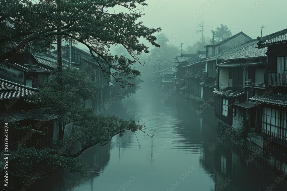 Japanese village flooded by the rains. generative ai