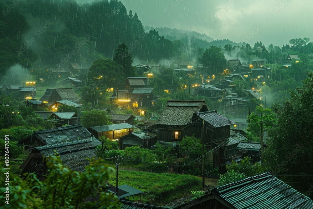 Japanese village in the rain. generative ai
