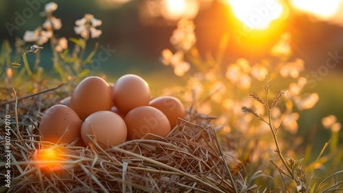 Rural lifestyle with fresh eggs on a countryside farm. Concept Countryside Living, Farm Fresh Eggs, Rural Lifestyle, Country Farm Life photo
