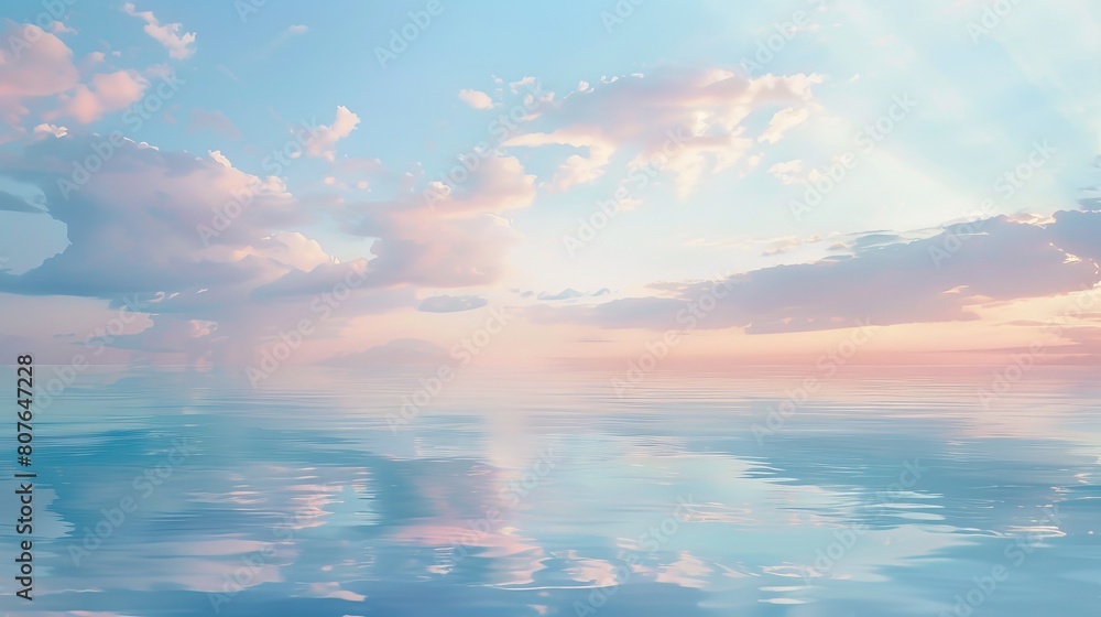 Watercolor of a tranquil seascape at dawn, the soft pinks and blues of the sky reflecting in the calm ocean, creating a soothing clinic environment