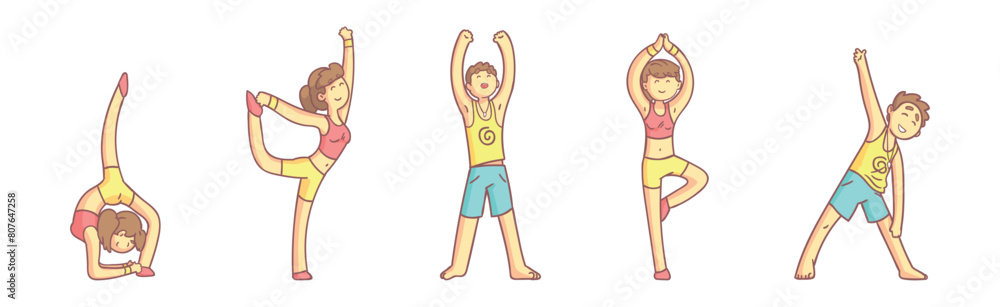 People Character Yoga Practice Do Physical Exercises Vector Set People Character Yoga Practice Do Physical Exercises Vector Set