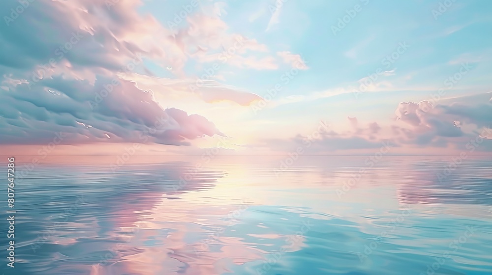 Naklejka premium Watercolor of a tranquil seascape at dawn, the soft pinks and blues of the sky reflecting in the calm ocean, creating a soothing clinic environment