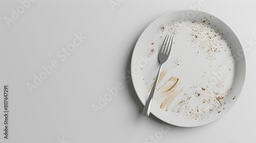 Minimalistic ceramic plate with leftovers and utensils. Clean design, modern home. Ideal for food-related content. AI photo