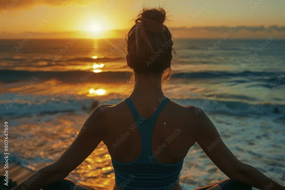 A woman in a yoga pose meditates on a beach at sunset, reflecting tranquility and inner peace with the waves crashing, Generative AI