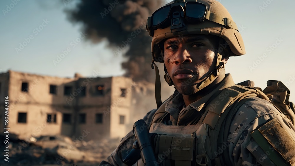 Soldier holding a gun in a war zone, dark moody, destructive theme, armed forces day, memorial day, veterans day Soldier holding a gun in a war zone, dark moody, destructive theme, armed forces day, memorial day, veterans day