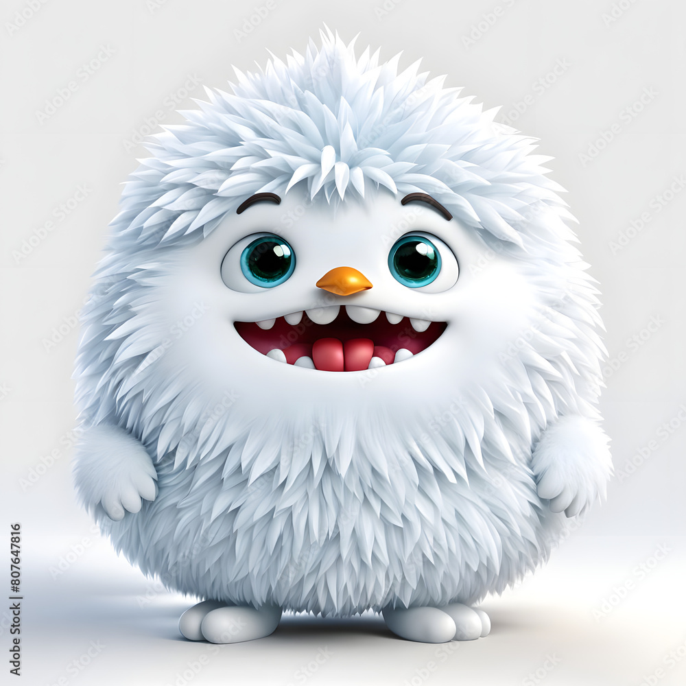 Cute chubby fluffy little snow monster, 3D cartoon character