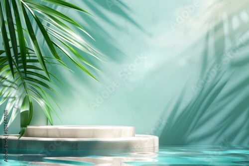 A tranquil scene showing lush green palm leaves overhanging a calm blue pool under soft light  evoking a sense of relaxation and beauty in a tropical setting  Generative Ai