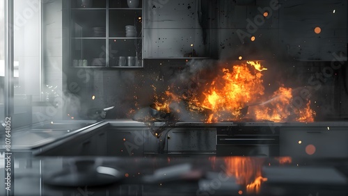 Animated 4k video of kitchen fire accident scene on virtual background. Concept Kitchen Fire Safety, 4K Animation, Virtual Backgrounds, Accident Scene, Home Safety photo