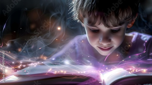 Teenage boy reading mangastyle book drawn with lights and shadows looks happy. Concept photography, light painting, teenage boy, manga-style book, joyful portrait