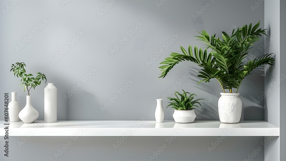 Minimalist display of white shelf with plant and vases against gray wall. Concept Minimalism, Home Decor, Interior Design, Neutral Tones