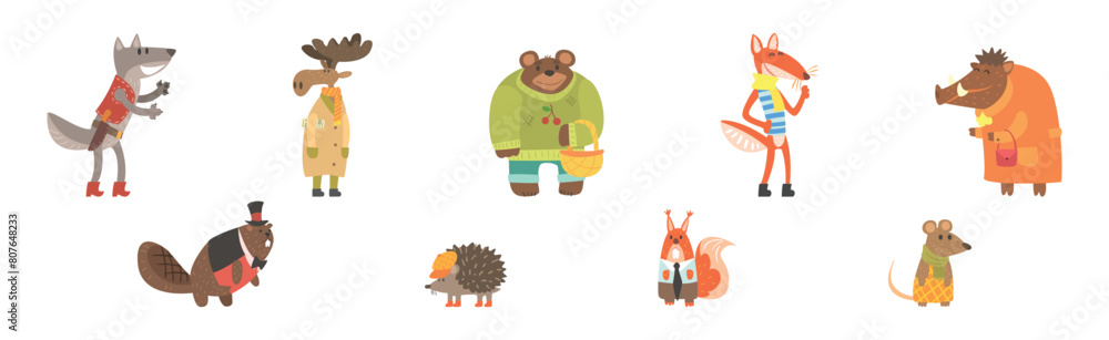 Obraz premium Funny Forest Animal Wear Dress and Clothes Vector Set