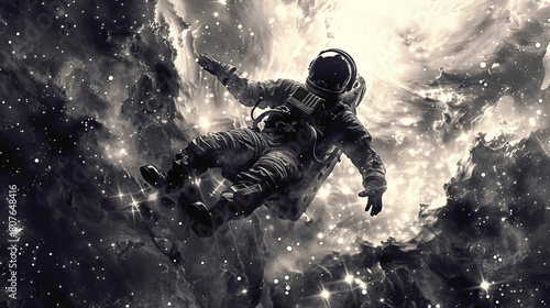 A astronaut wearing space suit  and exploring the space in search of life and water on moon. Black and White wallpaper of astronaut who exploring and landing on the moon. © FDX