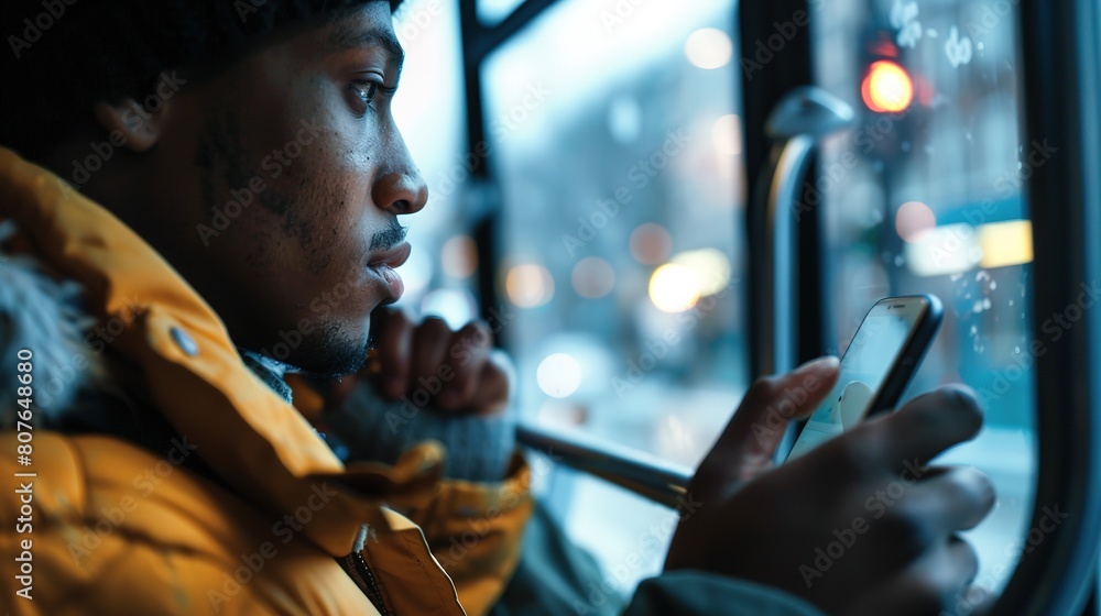 A man rides a bus at dusk, gazing at his smartphone, contemplative. A man rides a bus at dusk, gazing at his smartphone, contemplative.