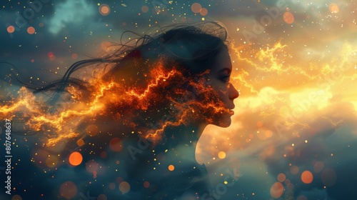 A beautiful fantasy abstract portrait of a beautiful woman under a colorful digital paint splash or space nebula, using generative artificial intelligence photo