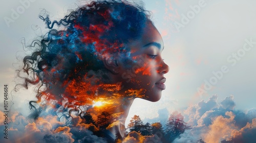 In this beautiful fantasy abstract portrait of a beautiful woman double exposure with colorful digital paint splashes and space nebulas, generative artificial intelligence is used.