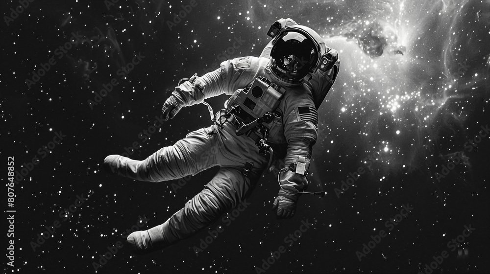 A astronaut wearing space suit  and exploring the space in search of life and water on moon. Black and White wallpaper of astronaut who exploring and landing on the moon.