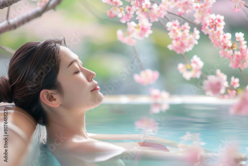 Woman in onsen hot springs pool, relaxed and enjoying her time in spa with sakura