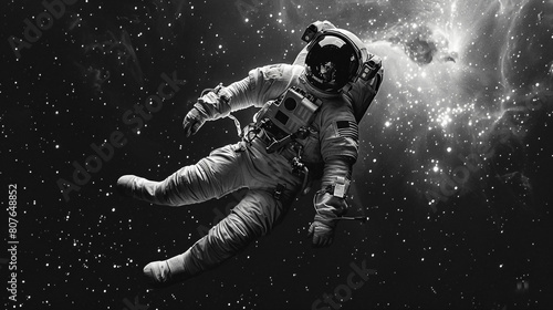 A astronaut wearing space suit  and exploring the space in search of life and water on moon. Black and White wallpaper of astronaut who exploring and landing on the moon. photo