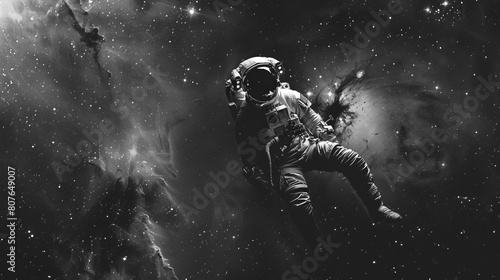 A astronaut wearing space suit and exploring the space in search of life and water on moon. Black and White wallpaper of astronaut who exploring and landing on the moon.