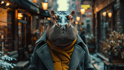 Fashionable hippopotamus graces city streets in tailored elegance  epitomizing street style.