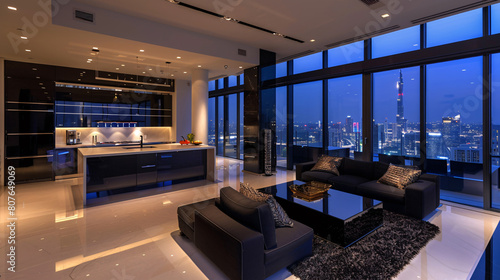 Luxurious open plan livingroom and kitchen in black color  modern style interior design apartment.