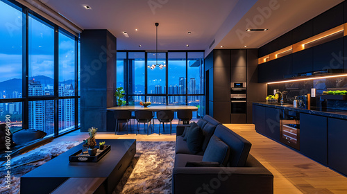 Luxurious open plan livingroom and kitchen in black color, modern style interior design apartment.