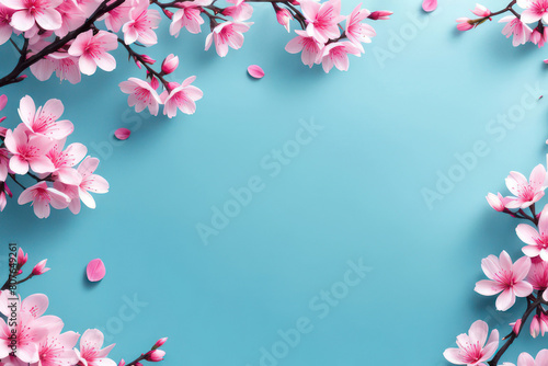 Greeting card template with a blue background and an aesthetic pink sakura flower frame
