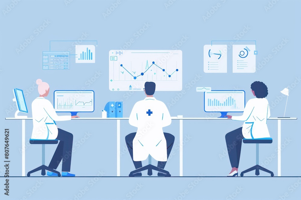 A vibrant contemporary office illustration showcases a diverse group of professionals collaborating amidst digital displays of intricate data analytics. Inclusive and innovative, it symbolizes compreh