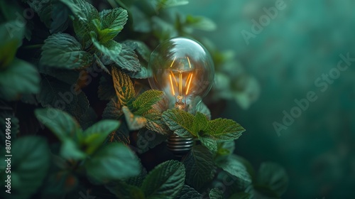 Generative AI technology creates an eco-friendly lightbulb from fresh leaves, using renewable energy and sustainable living as inspiration photo