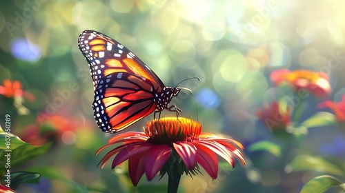 A colorful butterfly perched delicately on a vibrant flower, its delicate wings shimmering in the sunlight.
