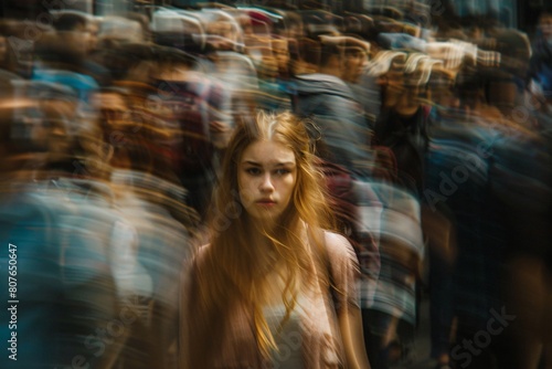 Blonde woman lost in the crowd, timelapse and blur effect. Conceptual image of lost in nowhere and being lonely in the crowd and smoke