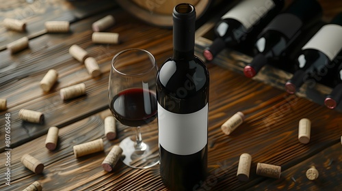 Elegant Wine Bottle and Glass Amidst Corks with Warm, Rustic Backdrop. Perfect for Dining Inspiration and Beverage Marketing. AI