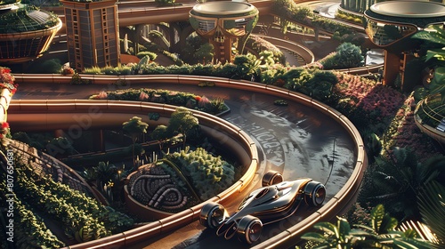 Imagine a sleek, futuristic racer speeding on a cheese racetrack from an elevated perspective, weaving through lush, meticulously detailed garden patches