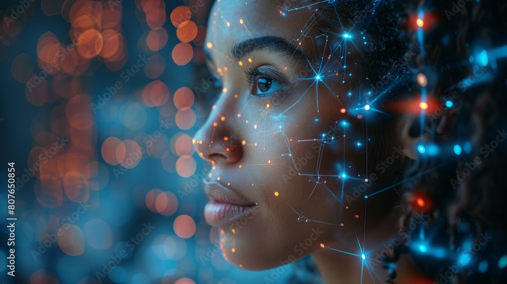 A black woman sits in an office and has a conversation with AI. Deep learning. Internet of Things. Information and communications technology. A black woman sits in an office and has a conversation with AI. Deep learning. Internet of Things. Information and communications technology.