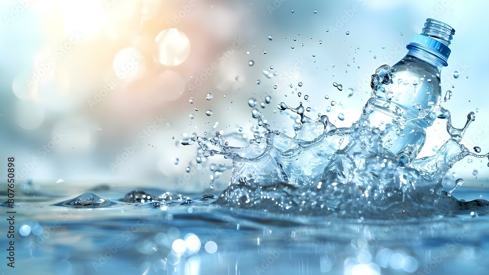 Mineral water bottle midair splashing drops against blue bokeh background. Concept Product Photography, Splashing Water, Motion Blur, Bokeh Background, High-speed Photography Mineral water bottle midair splashing drops against blue bokeh background. Concept Product Photography, Splashing Water, Motion Blur, Bokeh Background, High-speed Photography