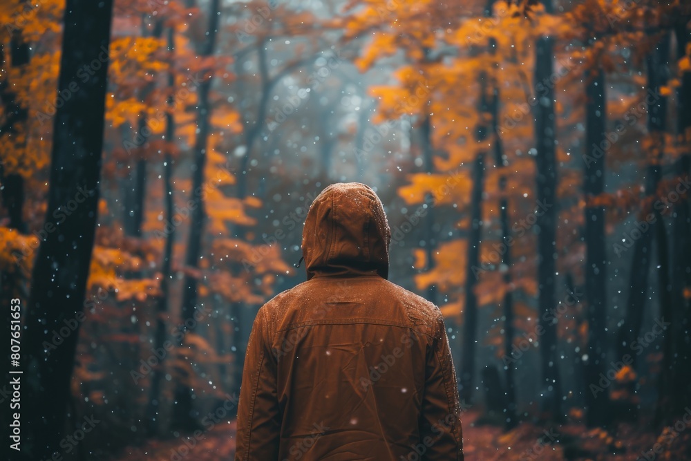 Naklejka premium A man stands in contemplation facing a dense, misty forest with autumn colors in a tranquil rain setting