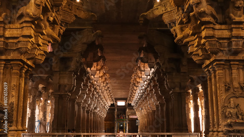 Beautiful View of Pradakshina Hall with Carved Pillars, Sri Rangnatha Swamy Temple, worlds Largest Hindu Living Temple, Srirangam, Tiruchirappalli, Tamil Nadu, India.