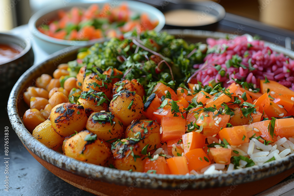 A beautifully arranged plate of vegan cuisine, showcasing vibrant vegetables and grains. AI generated. A beautifully arranged plate of vegan cuisine, showcasing vibrant vegetables and grains. AI generated.