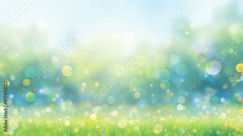 Abstract blurred spring background with green trees blue sky and bokeh light effect