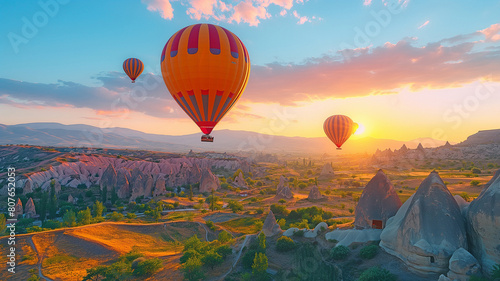 Vibrant hot air balloons soaring over a gorgeous setting.
