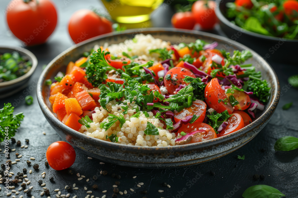 Gourmet vegan dish, elegantly presented with an array of fresh, colorful vegetables and grains. AI generated. Gourmet vegan dish, elegantly presented with an array of fresh, colorful vegetables and grains. AI generated.