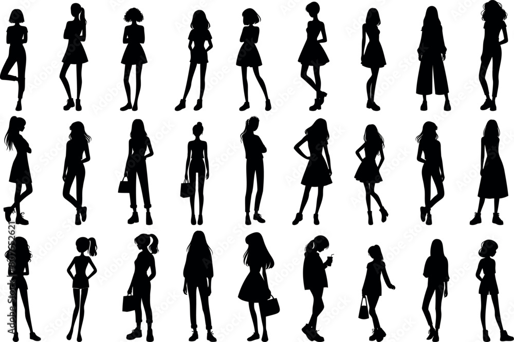 women silhouette, various poses of girls vector, fashion, style, woman vector illustration. Perfect for design projects, beauty content, modeling. Diverse stances, outfits on white background