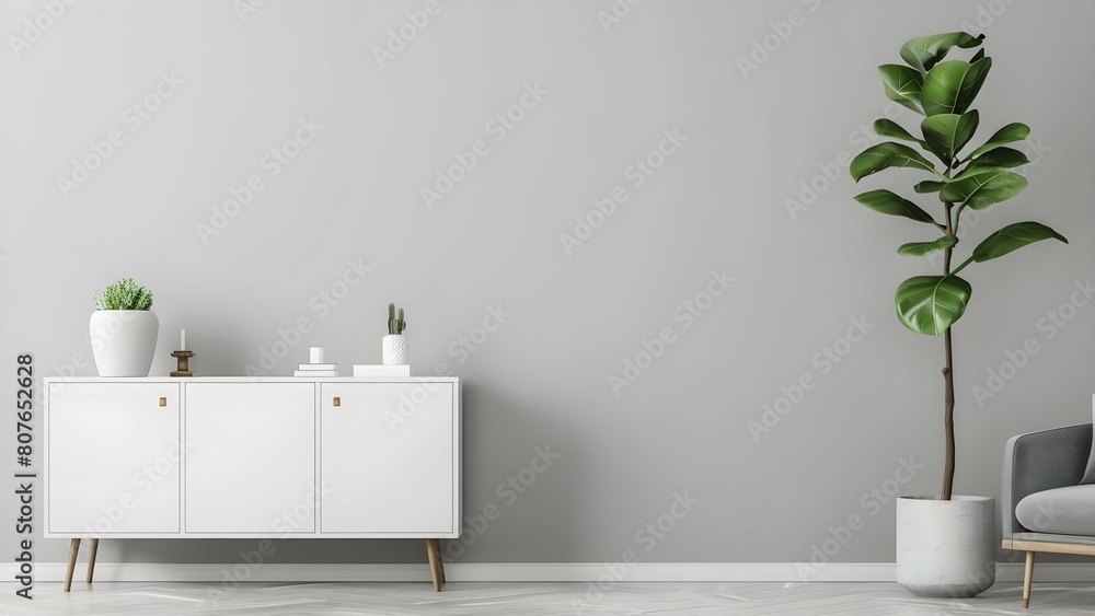 Fototapeta premium Photo of minimalist interior with white cabinet plant and grey furniture. Concept Minimalist Interior, White Cabinet, Plant Decor, Grey Furniture, Home Decor