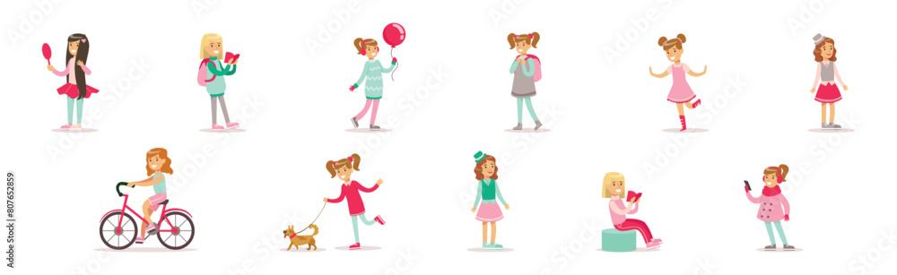 Happy Girl Child Character Engaged in Different Activity Vector Set Happy Girl Child Character Engaged in Different Activity Vector Set