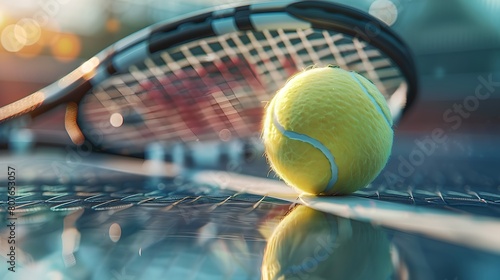 Close-up of tennis ball on court with racket in soft focus background. Sport theme with clear details and vibrant color. Suitable for sports themes and equipment sales. AI